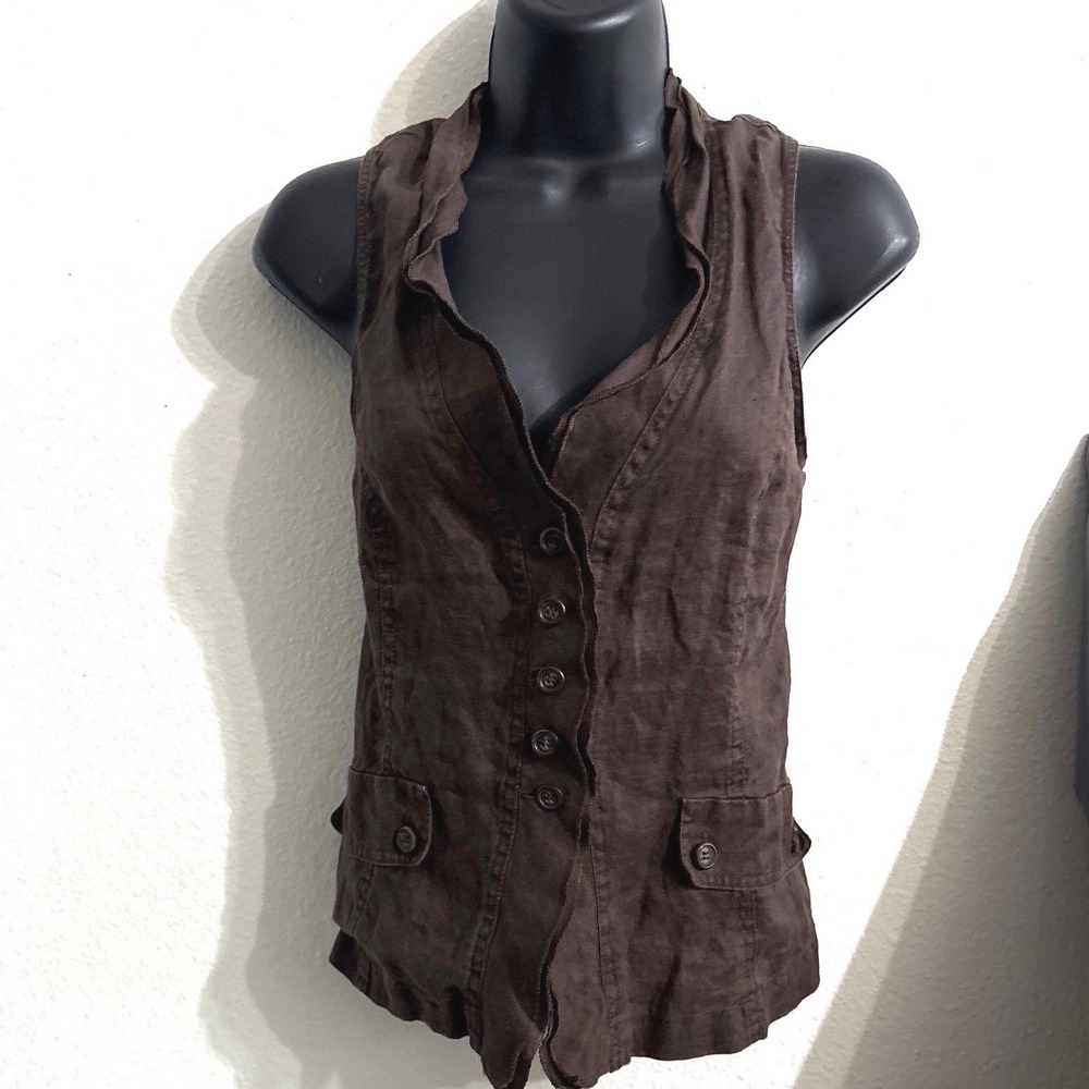 Linen Vest L Brown Dark Academia Ruffle Collar Indie Fairy Forest Whimsy Pirate